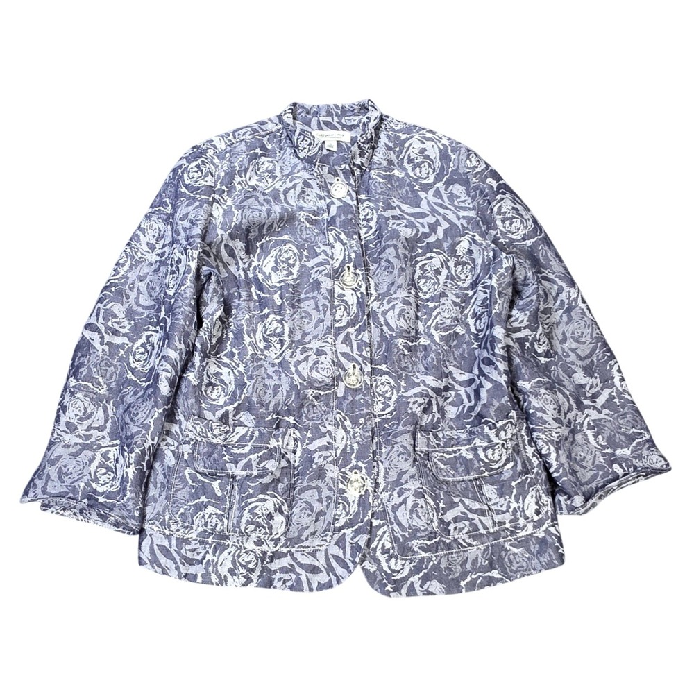 Coldwater Creek Button Front Jacket Women's Size 12 Blue Linen Mandarin Collar